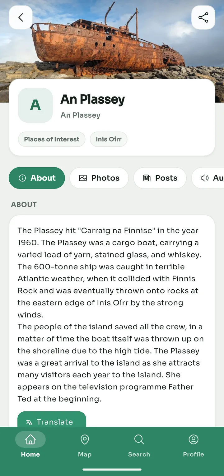 The An Plassey page in the app, with a photo of the wreck