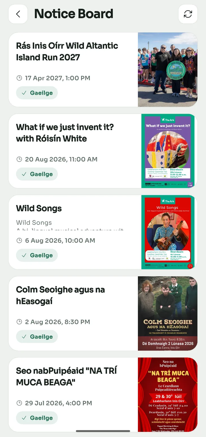 The Notice Board with posts about the Rás Inis Oírr island run, Wild Songs and a puppet show